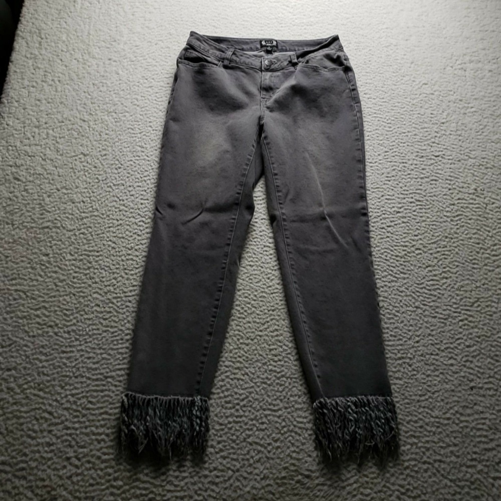 A.Z.I Jeans Womens 6 Gray Charcoal Wash Skinny Slim Stretch Fringe Hem Denim